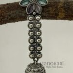 Elara Silver Grace oxidised brass jhumka earrings with traditional silver-look finish, 6 cm length and 10 g weight per earring for women