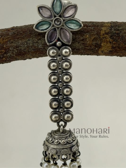 Elara Silver Grace oxidised brass jhumka earrings with traditional silver-look finish, 6 cm length and 10 g weight per earring for women