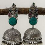 Vanya Silver Heritage oxidised jhumka earrings with traditional silver-look finish, 8 cm length and 3 cm jhumka diameter for women