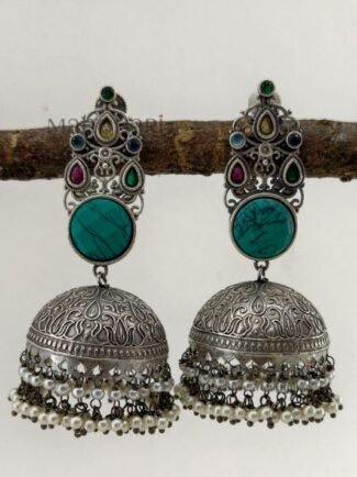 Vanya Silver Heritage oxidised jhumka earrings with traditional silver-look finish, 8 cm length and 3 cm jhumka diameter for women