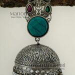 Vanya Silver Heritage oxidised jhumka earrings with traditional silver-look finish, 8 cm length and 3 cm jhumka diameter for women