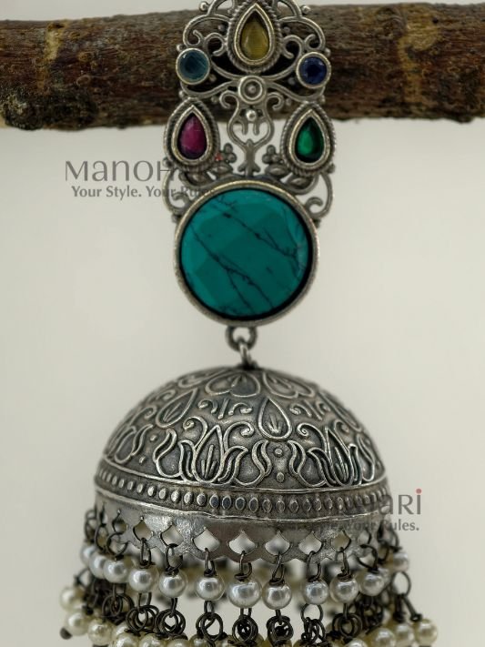 Vanya Silver Heritage oxidised jhumka earrings with traditional silver-look finish, 8 cm length and 3 cm jhumka diameter for women