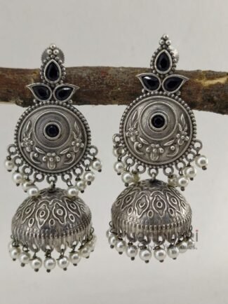 Aira Silver Petal German Silver jhumka earrings with floral design, oxidised silver finish, 7 cm length and 2.5 cm jhumka diameter for women