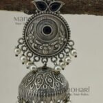 Aira Silver Petal German Silver jhumka earrings with floral design, oxidised silver finish, 7 cm length and 2.5 cm jhumka diameter for women
