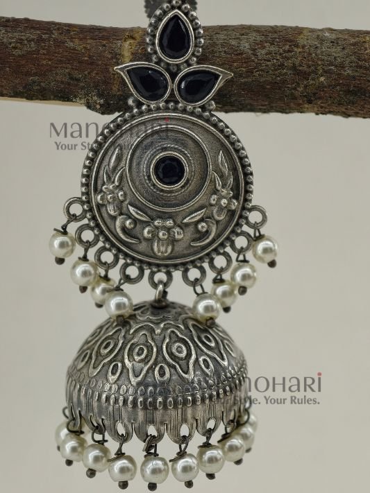 MN-ER-SPJ-AIR-01_3 Aira Silver Petal German Silver jhumka earrings with floral design, oxidised silver finish, 7 cm length and 2.5 cm jhumka diameter for women