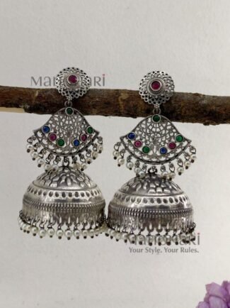 Ishira Tribal Heritage Jhumkas with silver-look finish, stone-studded design and pearl hangings, 8 cm traditional statement earrings for women