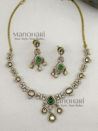 Vanya Emerald Royal Victorian necklace set with emerald green stones, antique gold finish and matching drop earrings for women