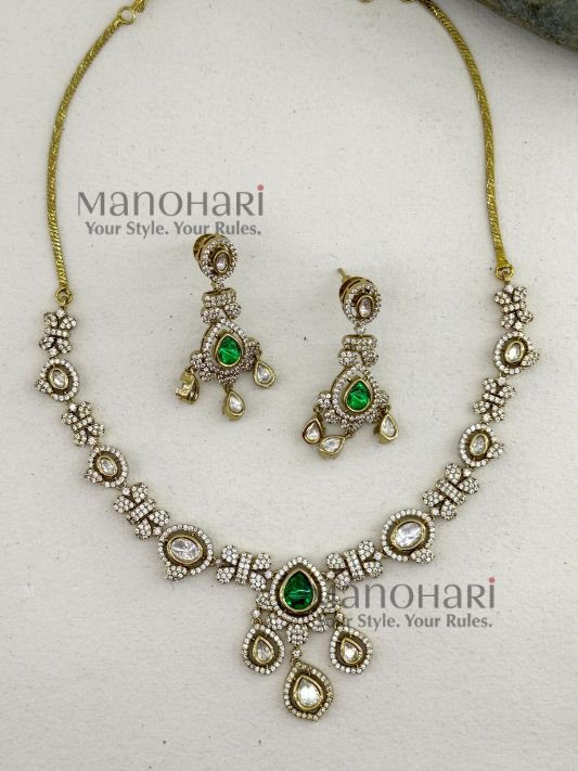MN-NK-EMR-VAN-01_2 Vanya Emerald Royal Victorian necklace set with emerald green stones, antique gold finish and matching drop earrings for women