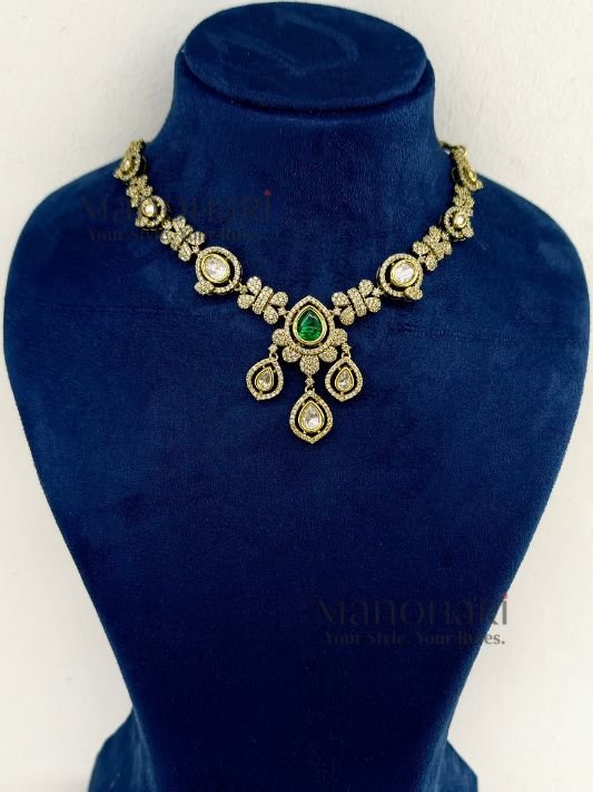 MN-NK-EMR-VAN-01_4 Vanya Emerald Royal Victorian necklace set with emerald green stones, antique gold finish and matching drop earrings for women
