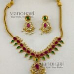 **Aarna Bloom Petal Necklace crafted from premium brass, adorned with sparkling artificial stones in an elegant floral petal design, featuring a 15 cm necklace with an adjustable extension thread and matching 3 cm earrings for timeless feminine elegance.**