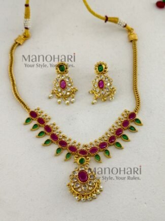 **Aarna Bloom Petal Necklace crafted from premium brass, adorned with sparkling artificial stones in an elegant floral petal design, featuring a 15 cm necklace with an adjustable extension thread and matching 3 cm earrings for timeless feminine elegance.**