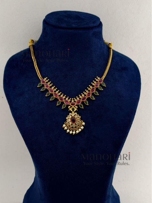 **Aarna Bloom Petal Necklace crafted from premium brass, adorned with sparkling artificial stones in an elegant floral petal design, featuring a 15 cm necklace with an adjustable extension thread and matching 3 cm earrings for timeless feminine elegance.**