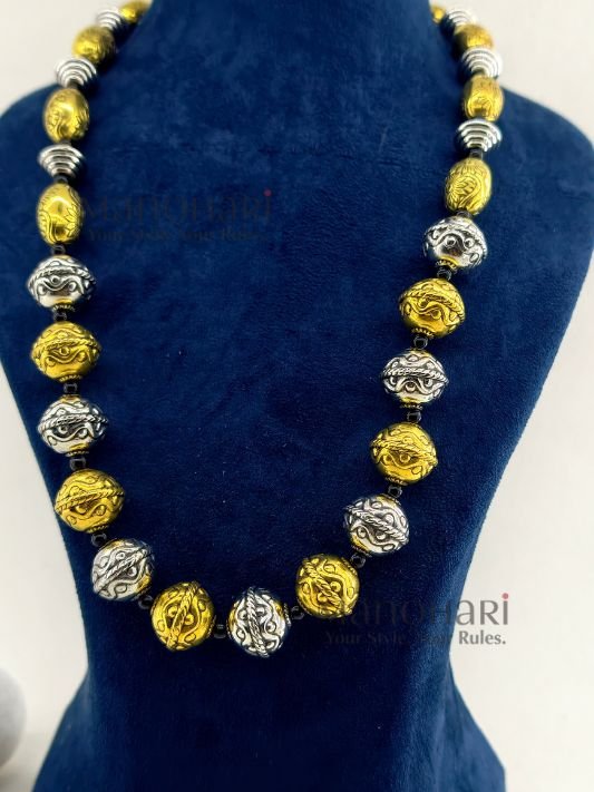 Aadhya Heritage dual-tone beaded mala necklace set with matching traditional earrings for women