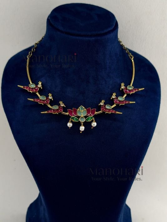 Kavya Jadau Meenakari Lotus Hasli choker set with traditional Kundan detailing in gold tone for women and girls