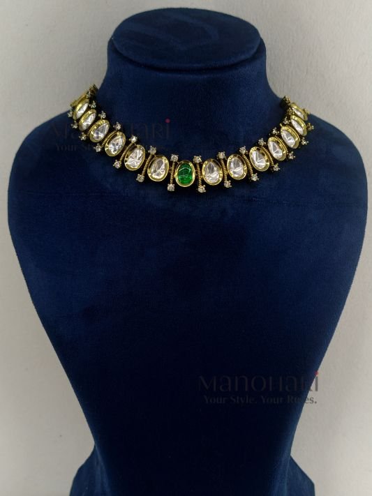 Aaradhya Antique Kundan Elegance brass necklace set with antique gold finish, intricate stone detailing and matching earrings for women