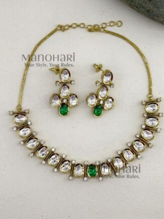 Aaradhya Antique Kundan Elegance brass necklace set with antique gold finish, intricate stone detailing and matching earrings for women