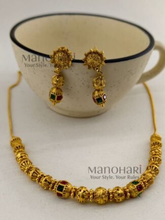 **Vaidehi Temple Beaded Necklace Set crafted from premium brass, adorned with vibrant artificial stones and multicolour beads, featuring an elegant 18 cm temple-inspired necklace with an adjustable extensible chain and matching 4 cm earrings for timeless ethnic elegance.**