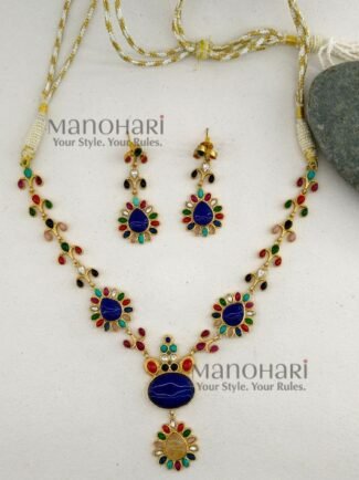 **Aadhira Heritage Polki Necklace Set featuring an antique gold-plated finish, a stunning Labradorite-inspired centre stone, vibrant multicoloured Polki-style embellishments, an elegant 18.5 cm floral necklace, and matching 6 cm statement earrings for timeless bridal and festive elegance.**