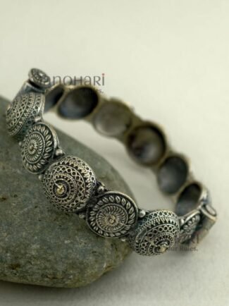 Naira Rustic Silver Elegance 5.5 cm openable kada with rustic silver oxidised finish for women