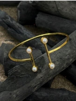 Aarna Pearl Elegance Cuff Bracelet crafted from brass material, featuring an elegant pearl-inspired design and approximately 6 cm inner diameter.