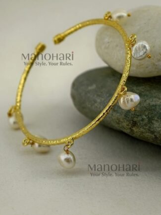Kiara Gold Pearl Elegance Bangle crafted from brass, featuring an adjustable pearl hanging design and approximately 6 cm inner diameter.