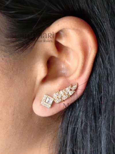 MN-ER-CUF-VAN-01_3 Vanya Diamond Leaf Luxe Ear Cuff with leaf-shaped design, artificial diamond detailing and stainless steel finish
