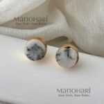 Ishira Earthstone Elegance round stud earrings with natural stone detailing, brass material and gold-plated finish
