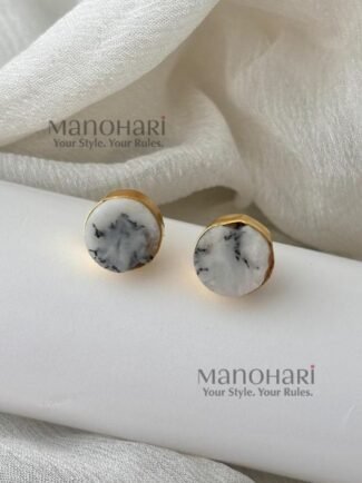 Ishira Earthstone Elegance round stud earrings with natural stone detailing, brass material and gold-plated finish