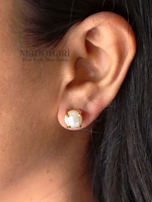 Varnika Freshwater Pearl Radiance Studs featuring elegant freshwater pearls with an approximate 0.5 cm diameter, perfect for delicate everyday and festive jewellery styling.