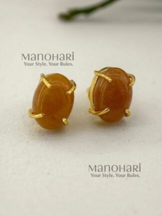 Ishira Golden Oval Elegance gold-plated oval stud earrings with natural stone detailing and brass finish