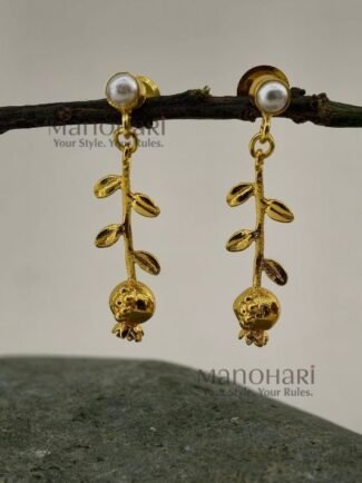 Aadhya Pomegranate Royale Gold Earrings crafted from brass, featuring a distinctive vintage-inspired pomegranate design and elegant 4 cm length.