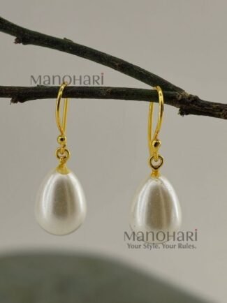Varnika Pearl Radiance Teardrop Earrings featuring an elegant pearl-inspired teardrop design with a polished gold-plated finish.