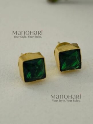 Elara Modern Square Luxe stud earrings with glass stone detailing and brass base
