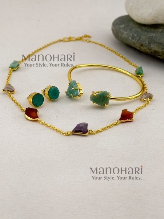 MN-JS-ETH-NEN-01_1 Nena Natural Stone Grace jewellery set with brass short necklace, stud earrings and adjustable bangle