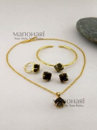 Vanya Natural Stone Gold Royale 4-Piece Jewellery Set featuring a brass gold-plated chain with pendant, ear studs, adjustable bracelet and finger ring with natural stone detailing