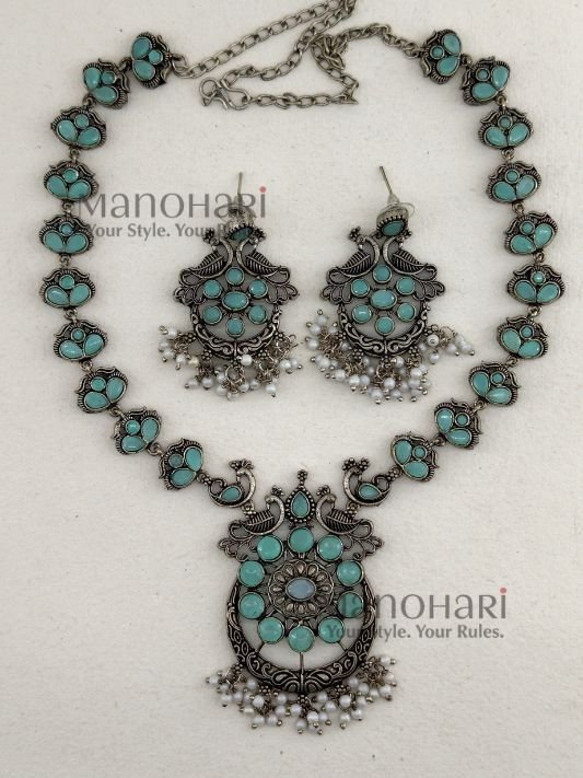 MN-JS-OXI-AAD-01_3 Aadhya Peacock Heritage Oxidised necklace set with mint colour accents, 20 cm chain and 5 cm matching earrings