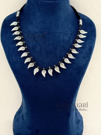 Aarika Silver Leaf Heritage oxidised necklace set with adjustable thread and matching earrings