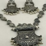 Naira Silver Rustic Elegance long haram necklace set with oxidised silver finish and matching 5 cm earrings