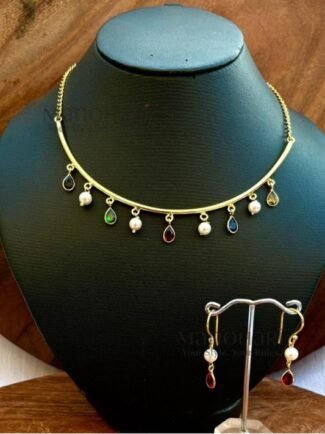 Anvika Multicolor Grace Hasli necklace set with multicolor glass stones, gold polish brass neckpiece, matching earrings and adjustable bangle