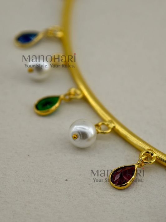 MN-NK-HAS-ANV-01_2 Anvika Multicolor Grace Hasli necklace set with multicolor glass stones, gold polish brass neckpiece, matching earrings and adjustable bangle