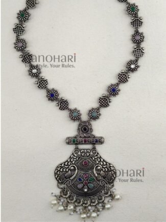 Aadhya Vintage Silver Heritage multicolour oxidised necklace with 23 cm length