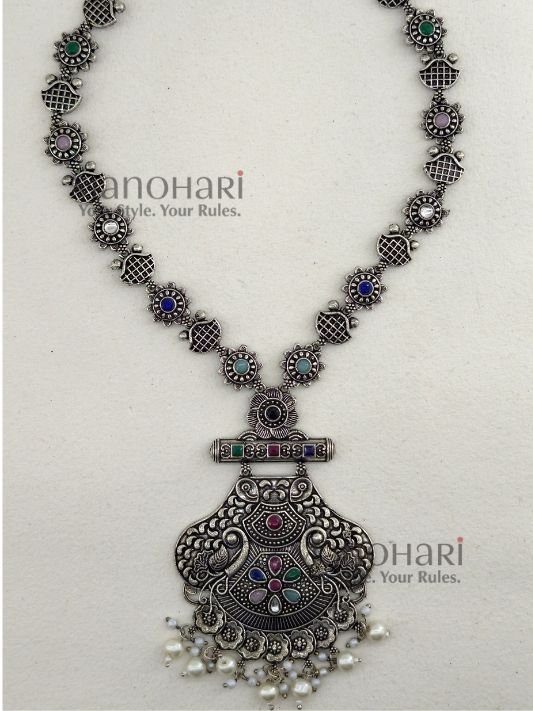MN-NK-OXI-AAD-02_2 Aadhya Vintage Silver Heritage multicolour oxidised necklace with 23 cm length