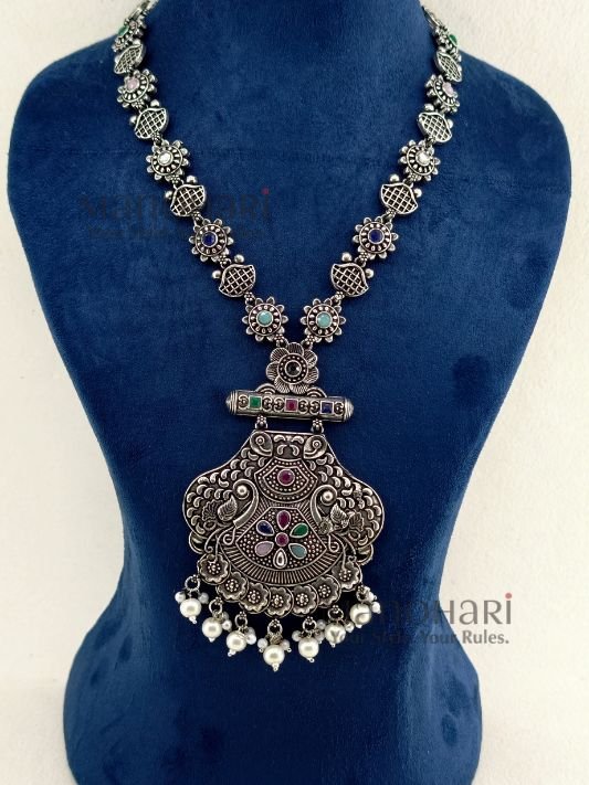 MN-NK-OXI-AAD-02_3 Aadhya Vintage Silver Heritage multicolour oxidised necklace with 23 cm length