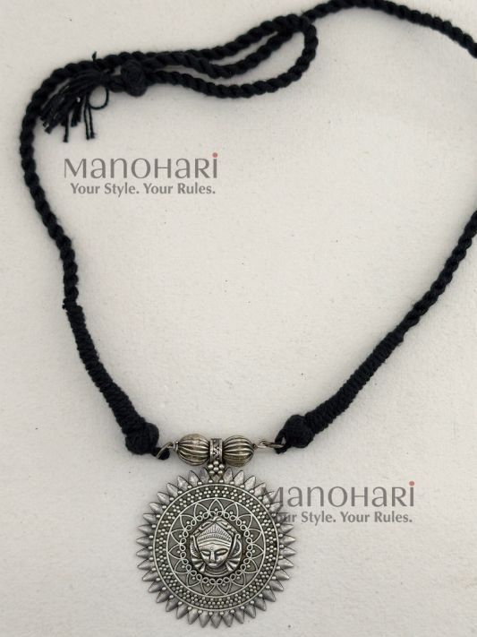 MN-NK-OXI-NIV-01_1 Nivara Tribal Silver Bead Heritage oxidised necklace with adjustable fit and 5 cm statement pendant