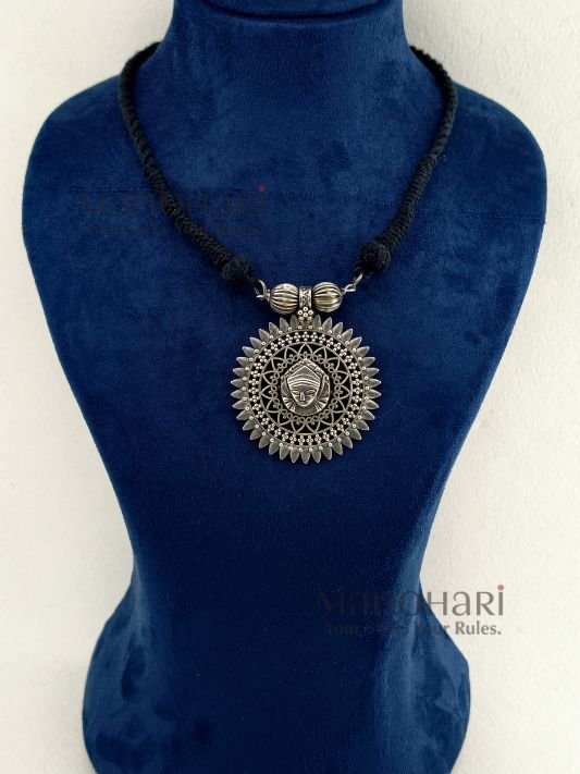 MN-NK-OXI-NIV-01_2 Nivara Tribal Silver Bead Heritage oxidised necklace with adjustable fit and 5 cm statement pendant