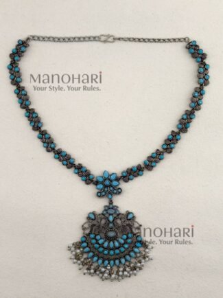 Nivara Vintage Heritage Elegance oxidised necklace with aqua blue accents and 20 cm length