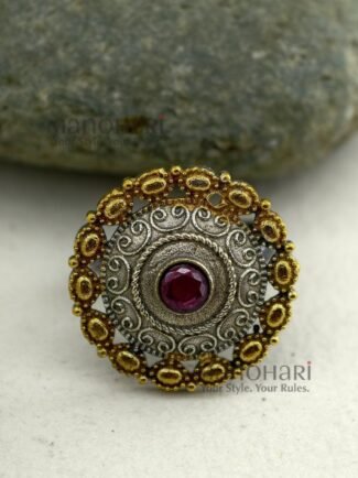 Navya Dual-Tone Heritage adjustable ring with 2 cm traditional design face and dual-tone finish for women