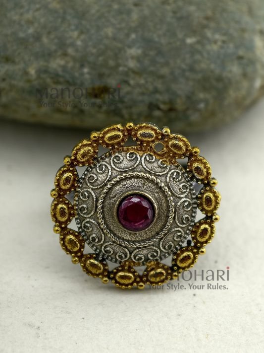 MN-RG-DTN-NAV-01_1 Navya Dual-Tone Heritage adjustable ring with 2 cm traditional design face and dual-tone finish for women