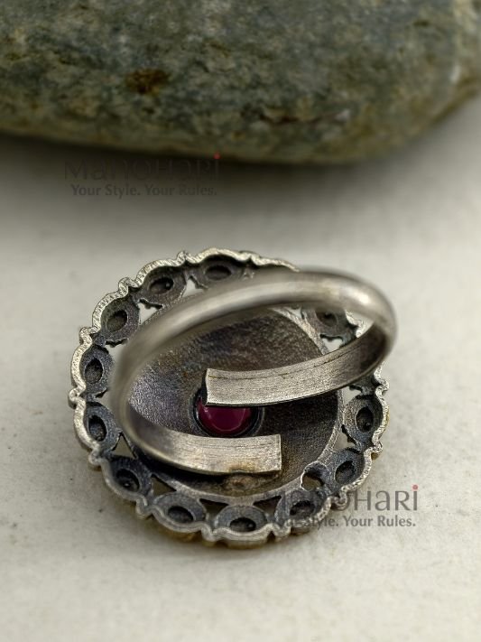 MN-RG-DTN-NAV-01_2 Navya Dual-Tone Heritage adjustable ring with 2 cm traditional design face and dual-tone finish for women