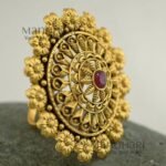 Aadhya Floral Grace adjustable ring with 4 cm floral face and antique gold finish for women